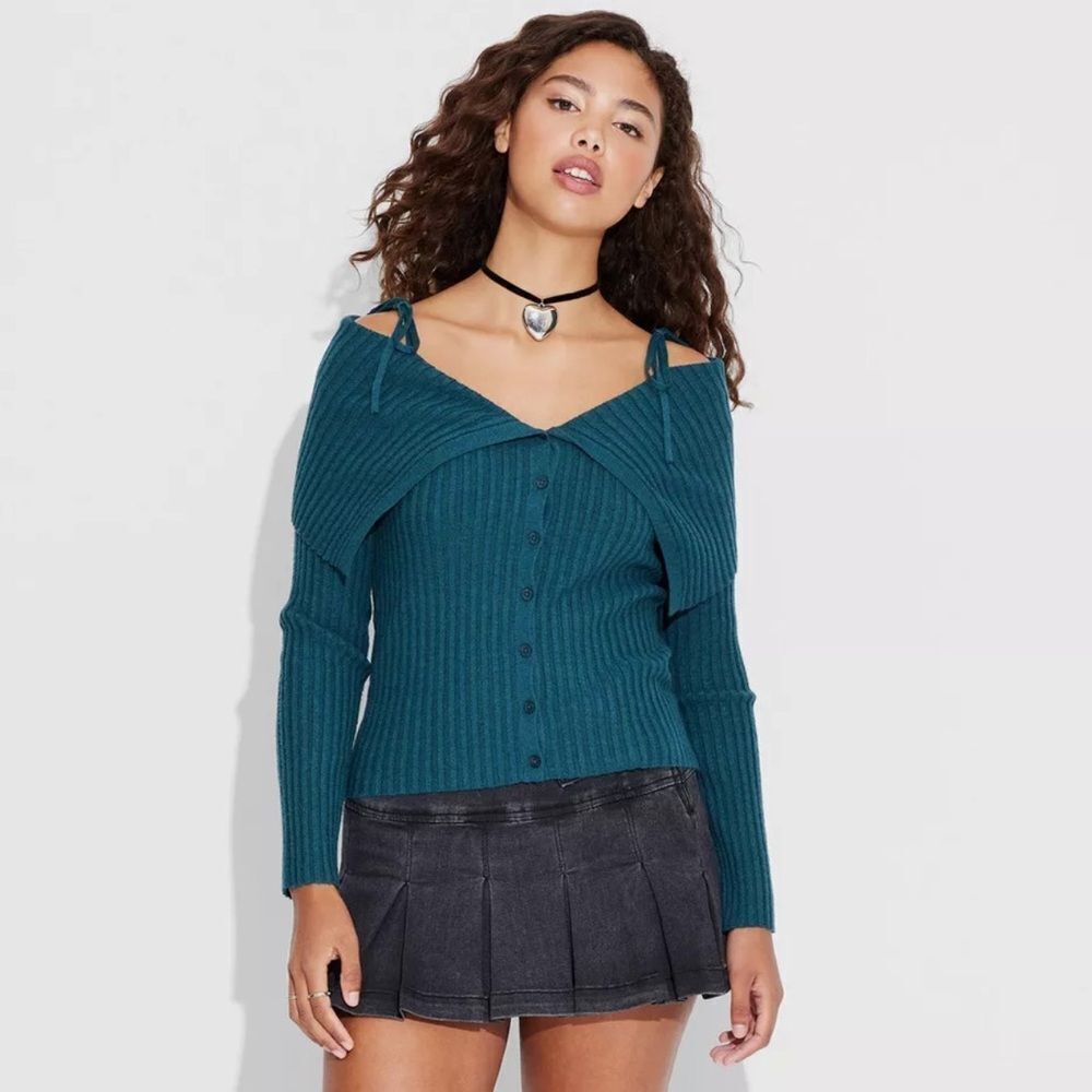 Women’s Wild Fable Teal Off the Shoulder Ribbed Sweater Button Front Size S NWT
